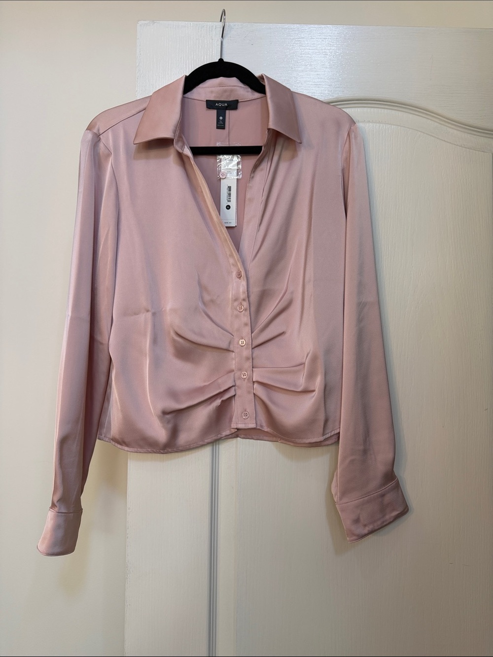 Aqua Dusty Blush Satin Button-Front Blouse